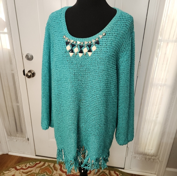 Ruby Rd. Turquoise Beaded Sweater with Fringe Bottom Long Sweater ‎ Size 1X - Picture 1 of 7